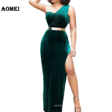 Sexy Bodycon One Shoulder Green Velvet Long High Split Lady Club Dress